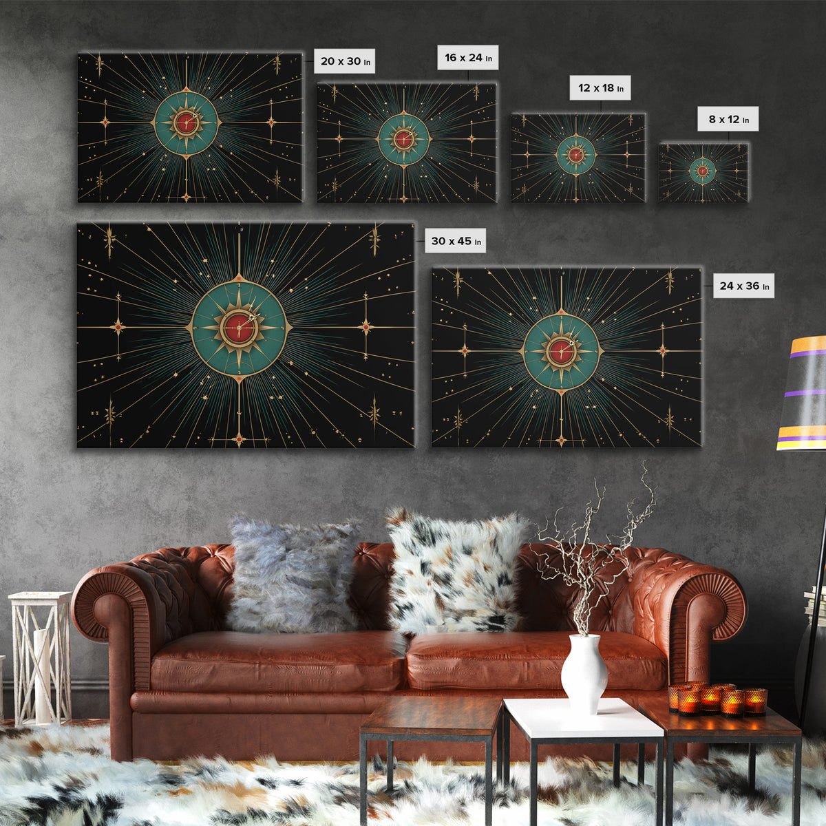 Celestial Teal Compass Clock Framed Canvas Print, Mid Century Modern Wall Decor, Atomic Starburst Art, Retro MCM Poster Print