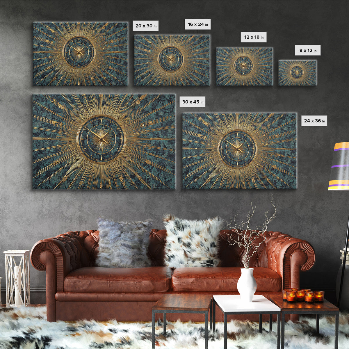 Ornate Gold Starburst Clock On Blue Wall Art, Mid Century Modern Decor, Atomic Art Deco Poster, Elegant MCM Art Print, Home Decor