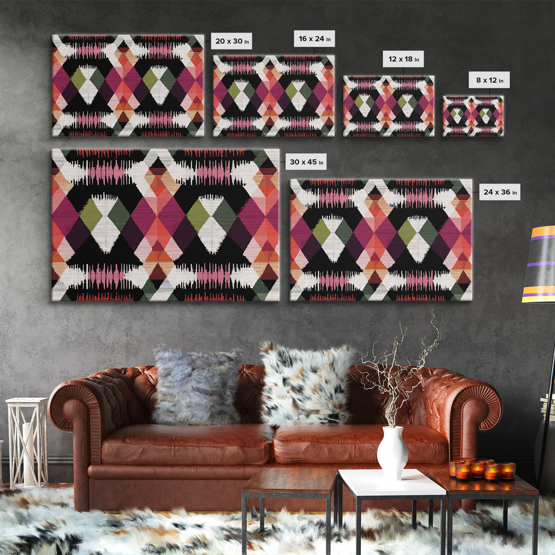 Colorful Diamond Ikat Pattern Framed Canvas Print, Retro Geometric Wall Art, Boho Mid Century Decor, Bold Abstract Poster