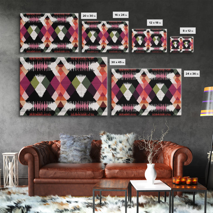 Colorful Diamond Ikat Pattern Framed Canvas Print, Retro Geometric Wall Art, Boho Mid Century Decor, Bold Abstract Poster