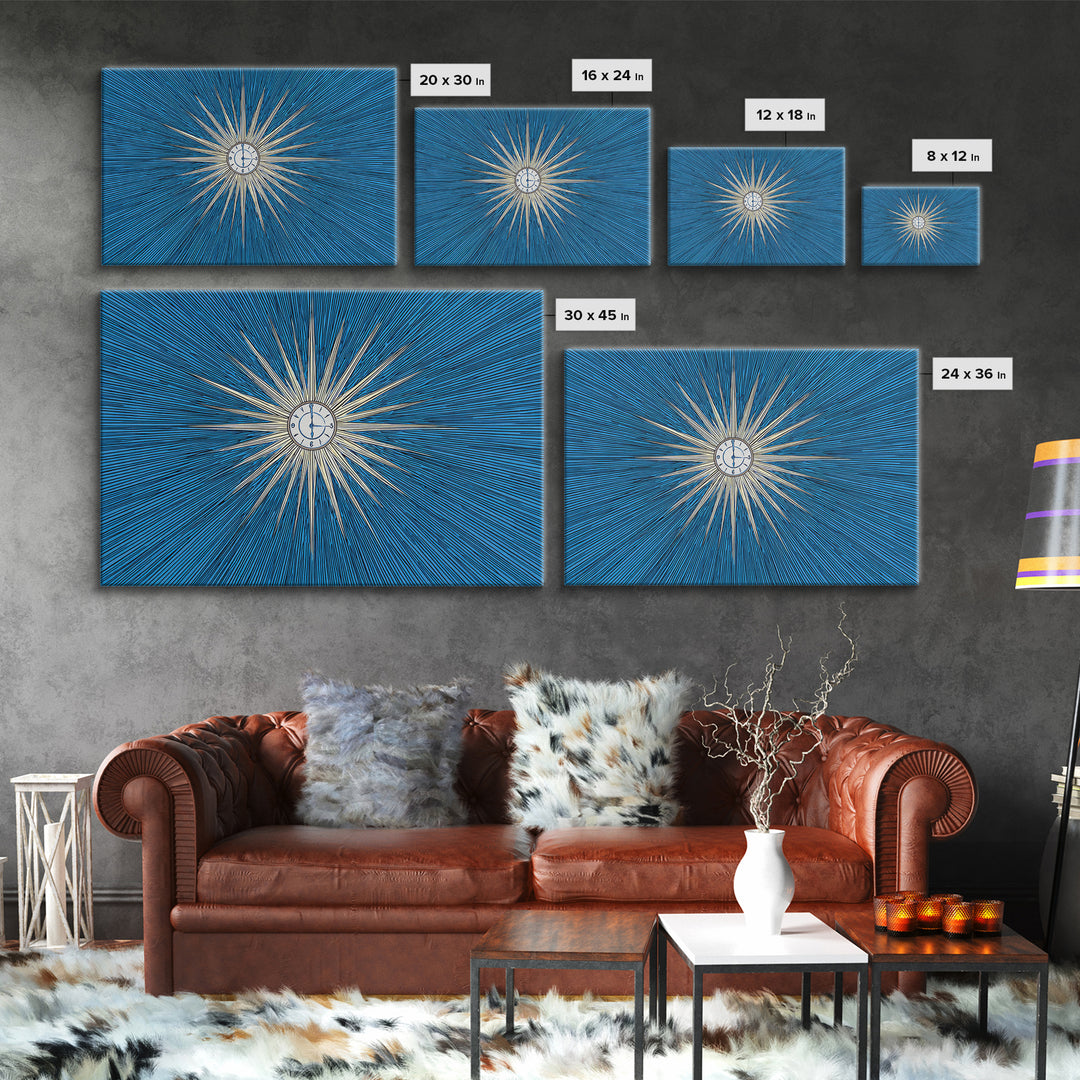 Blue White Radial Starburst Clock Canvas Print, Mid Century Modern Wall Decor, Atomic Retro Art Print, MCM Home Office Decor