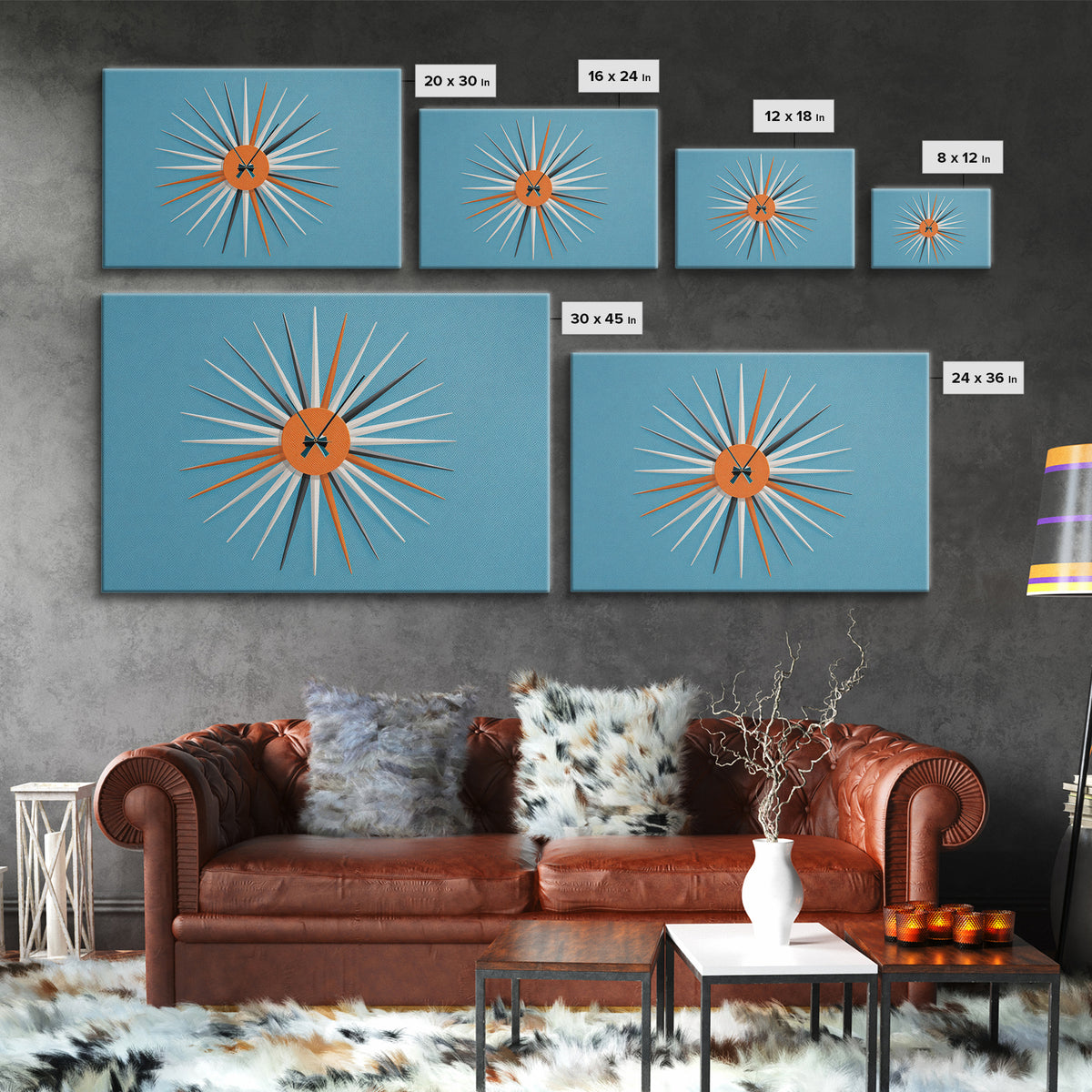 Orange Sunburst Clock On Blue Wall Art, Midcentury Modern Art, Atomic Starburst Print, Retro Wall Decor For Living Room Art
