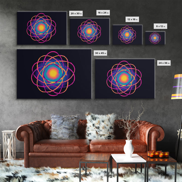 Glowing Rainbow Atom On Navy Framed Canvas Print, Bright Abstract Art, Modern Wall Art, Colorful Sci Fi Retro Poster Print