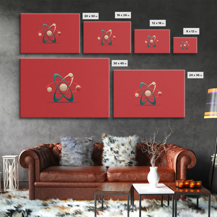 Minimal 3D Atom Sculpture On Red Canvas Print, Midcentury Modern Art, Retro Science Poster, Modern Wall Decor Gift For Him