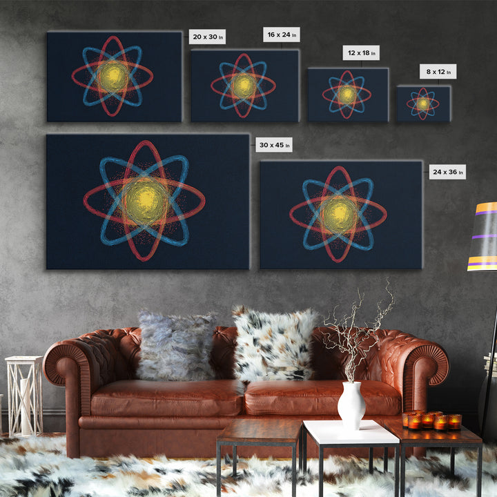 Etched Yellow Atom On Dark Blue Canvas Print, Atomic Retro Art, Midcentury Wall Art, Space Abstract Art For Office Decor