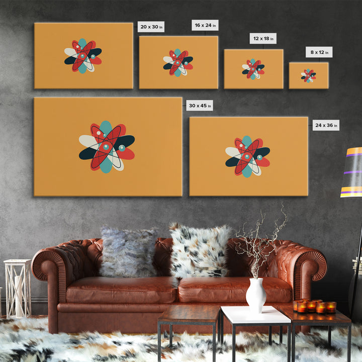 Flat Atomic Flower On Mustard Wall Art, Midcentury Modern Art, Geometric Poster, Retro Wall Decor For Kids Room And Nursery