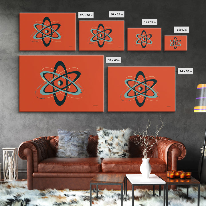 Teal Black Atomic Orbit On Orange Framed Canvas Print, Retro Modern Poster, Midcentury Wall Art, Bold MCM Wall Decor Art