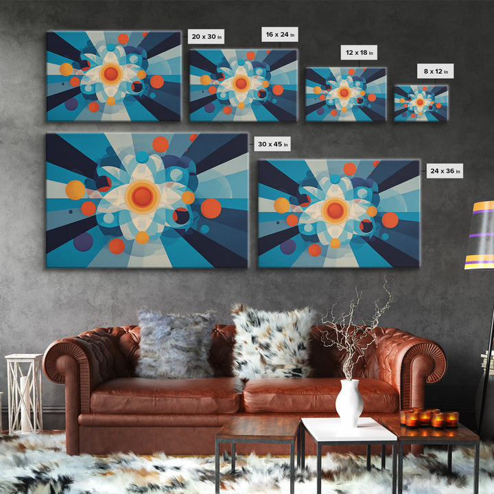 Geometric Atomic Burst With Circles Wall Art, Midcentury Modern Art, Blue Orange Abstract Poster, Statement Wall Decor Art