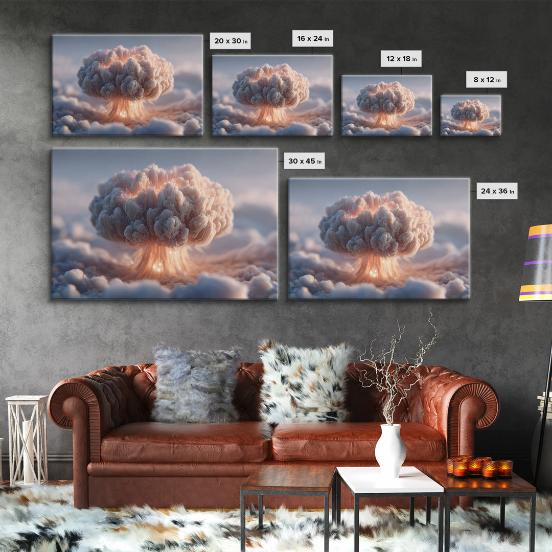 Dreamy Peach Mushroom Cloud Framed Canvas Print, Modern Abstract Art, Surreal Cloudscape, Soft Pastel Bedroom Decor, Gallery Wall Art