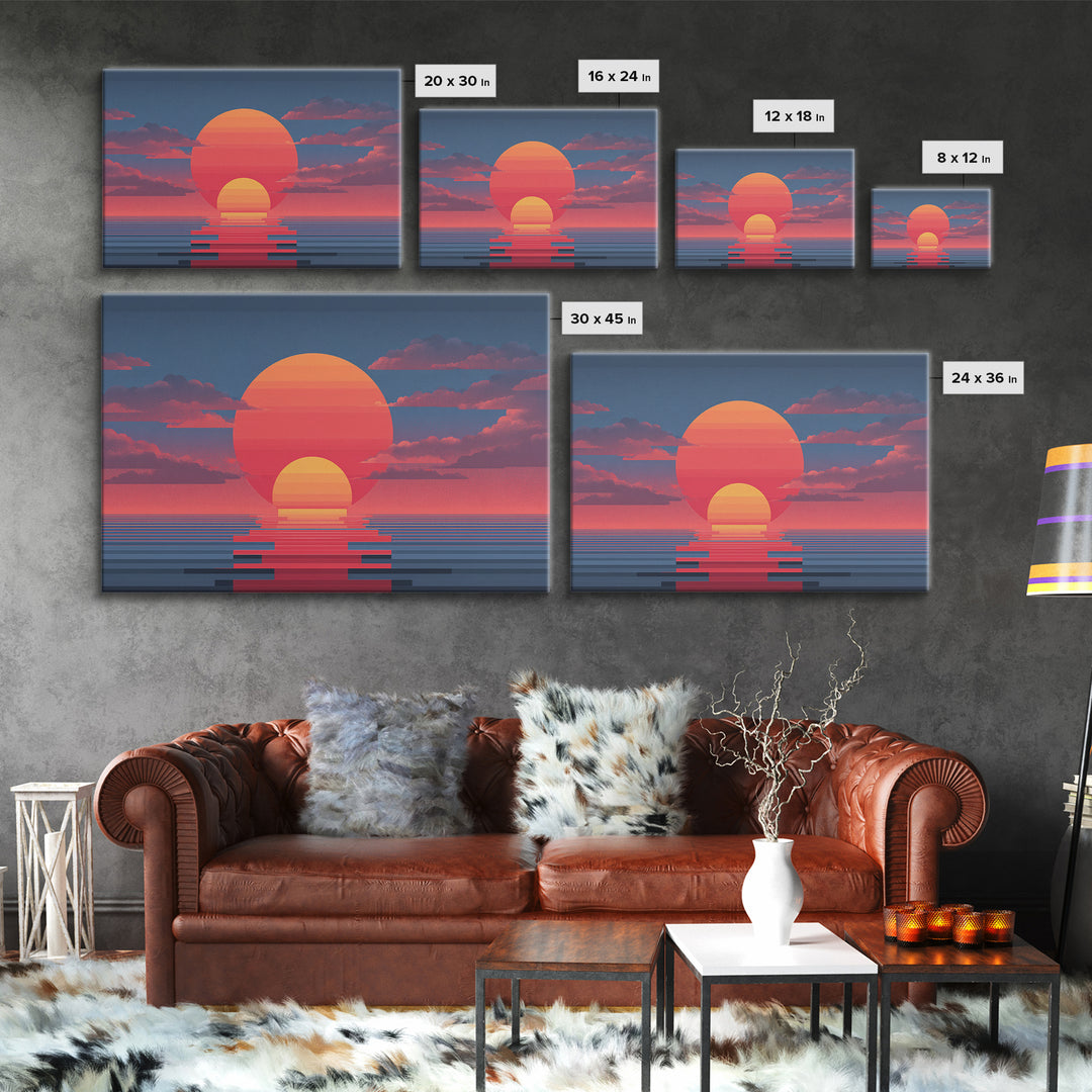 Retro Double Sun Ocean Wall Art, Midcentury Modern Art Print, Vaporwave Sunset Poster, Pink Blue Living Room Decor, Digital Art Print