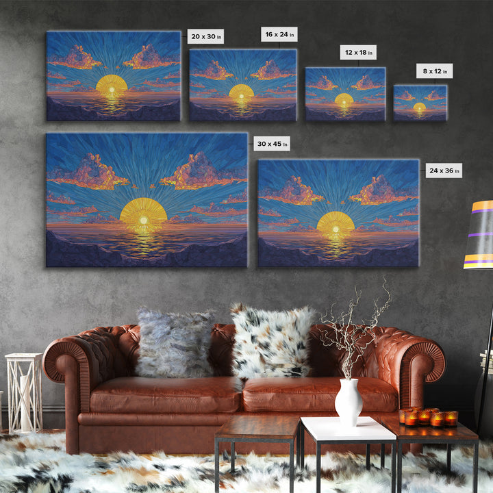 Polygon Sunset Ocean Framed Canvas Print, Midcentury Modern Wall Art, Geometric Seascape Poster, Colorful Home Decor, Blue Art Print