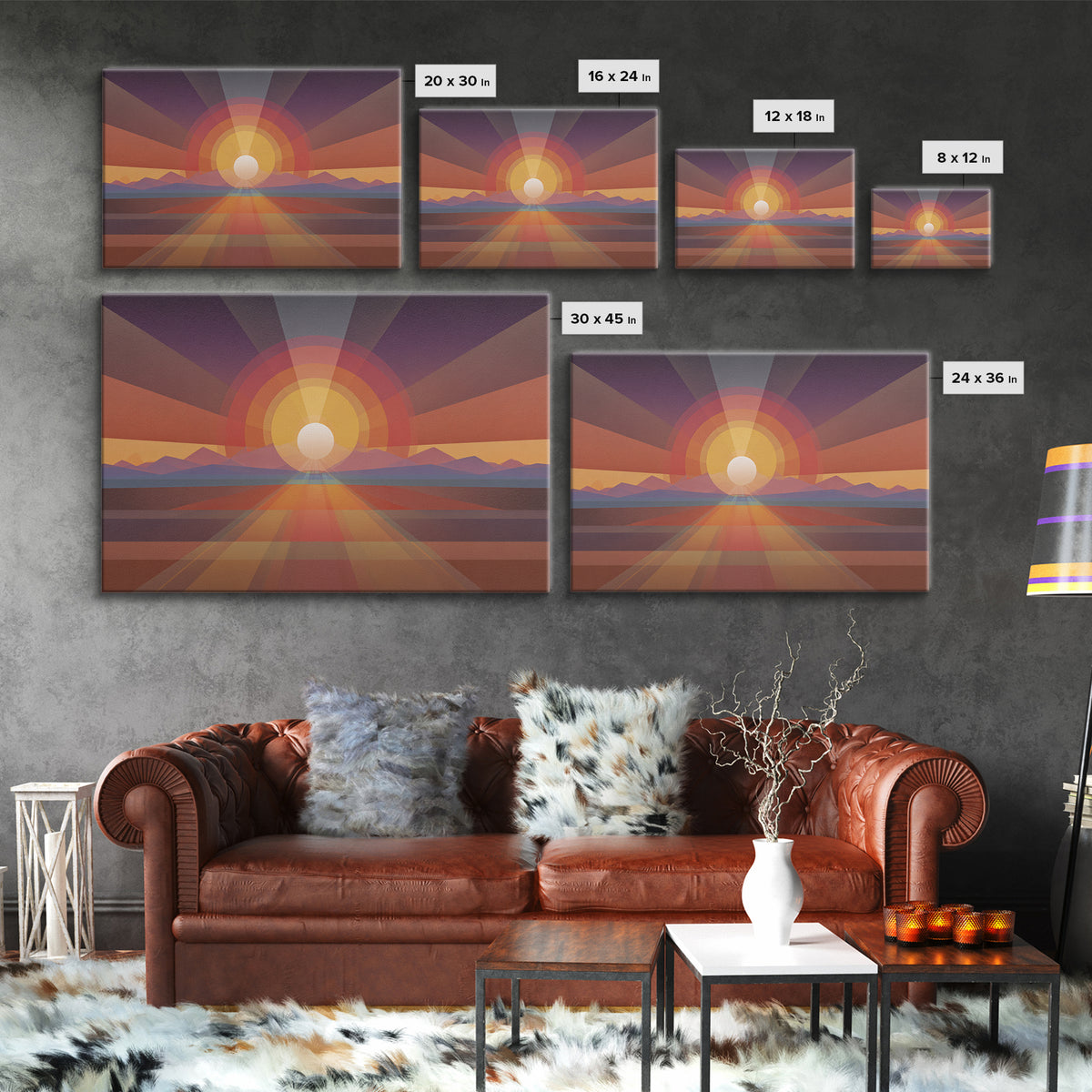 Geometric Desert Sunrise Wall Art, Midcentury Modern Abstract Art, Orange Sun Poster, Boho Southwestern Home Decor, Canvas Print