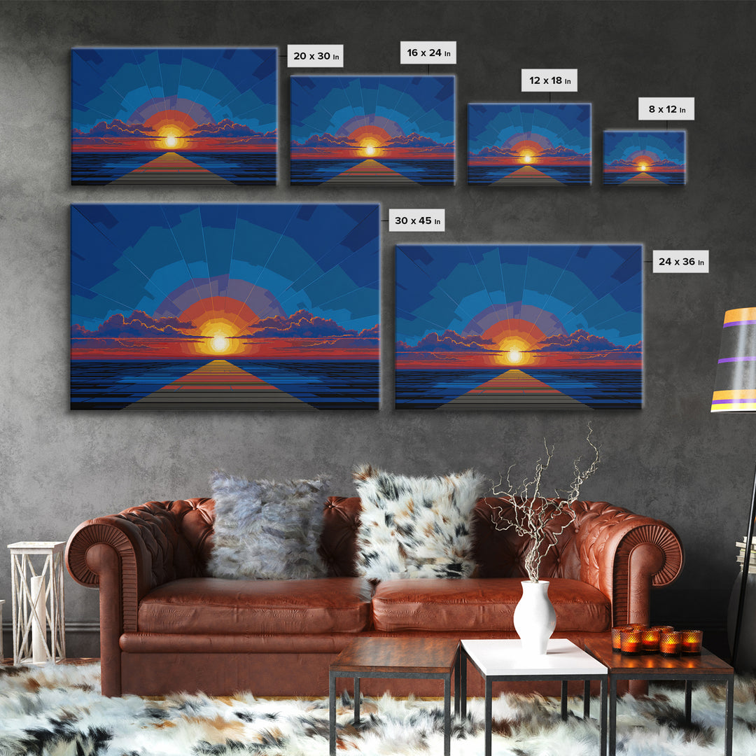 Bold Blue Sunset Pier Canvas Print, Retro Modern Wall Art, Midcentury Ocean Poster, Graphic Living Room Wall Decor, Large Art Print