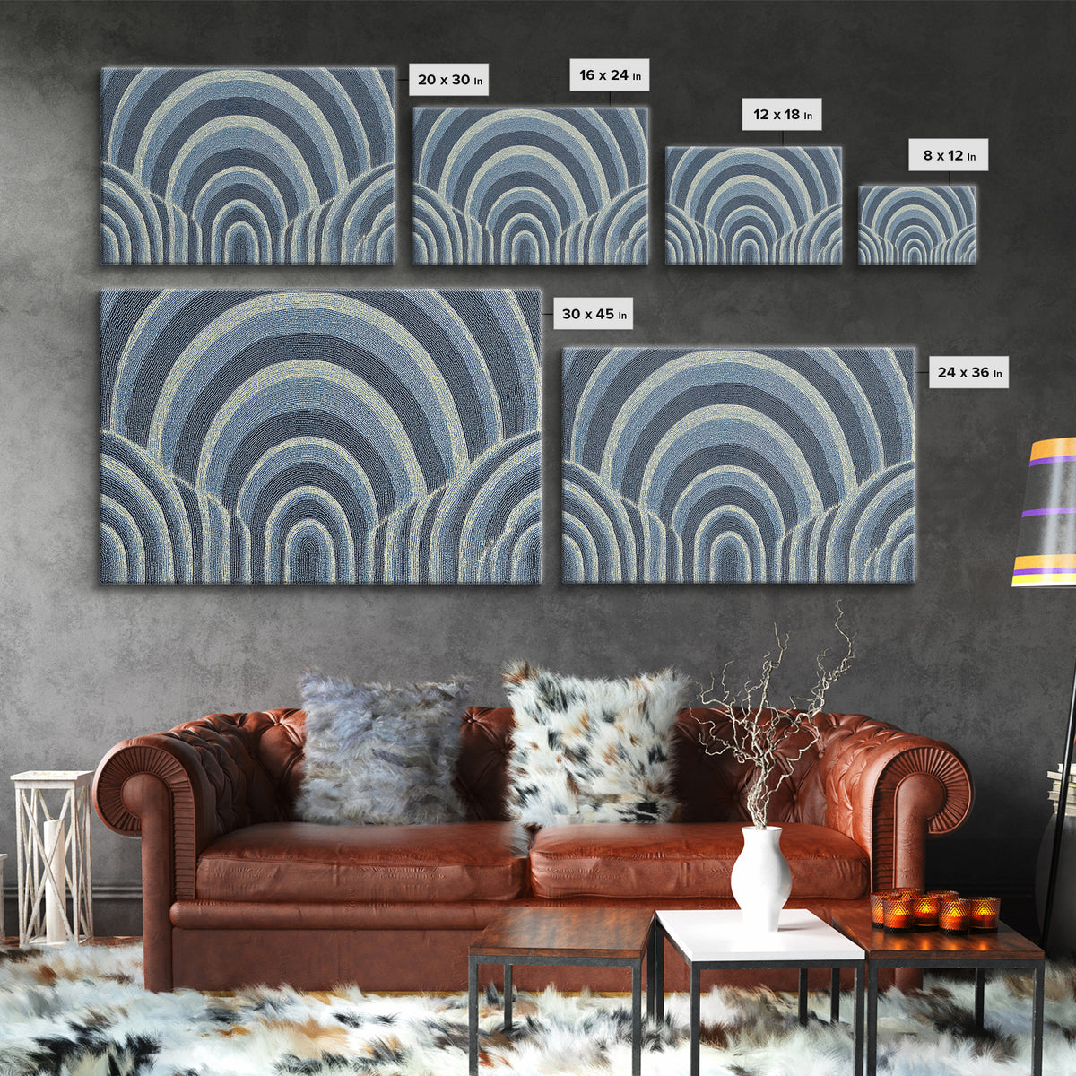 Blue Arched Concentric Lines Canvas Print, Modern Geometric Wall Art, Scandinavian Abstract Decor, Minimal MCM Poster Print