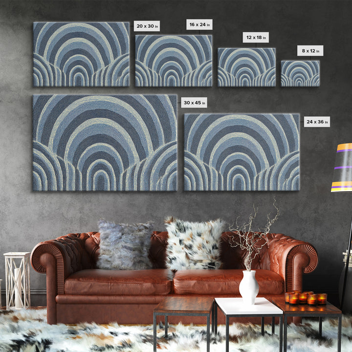 Blue Arched Concentric Lines Canvas Print, Modern Geometric Wall Art, Scandinavian Abstract Decor, Minimal MCM Poster Print