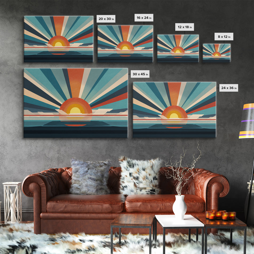 Retro Radial Sunrise Ocean Framed Canvas Print, Midcentury Modern Wall Art, Teal Orange Poster, Atomic MCM Decor, Living Room Art