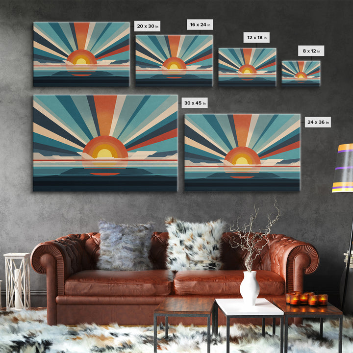 Retro Radial Sunrise Ocean Framed Canvas Print, Midcentury Modern Wall Art, Teal Orange Poster, Atomic MCM Decor, Living Room Art