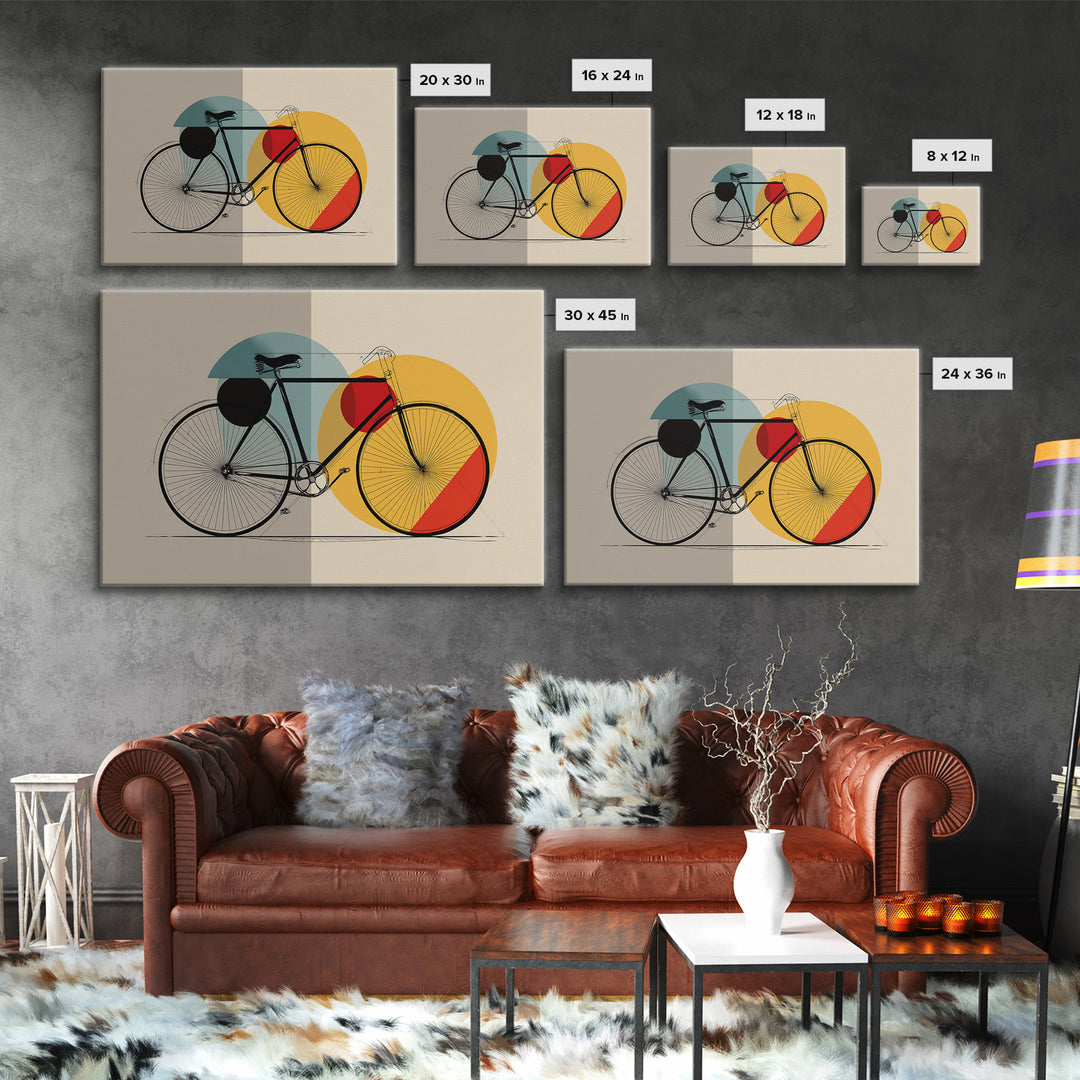 Minimalist Bicycle Framed Canvas Print, Midcentury Modern Wall Art, Orange Yellow Circle Decor, Geometric Bike Poster Gift