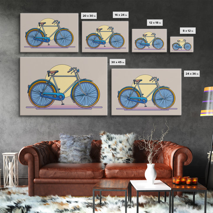 Blue Cruiser Bicycle Canvas Print, Midcentury Modern Wall Art, Retro Bike Poster, Yellow Sun Decor For Home Office Decor Gift