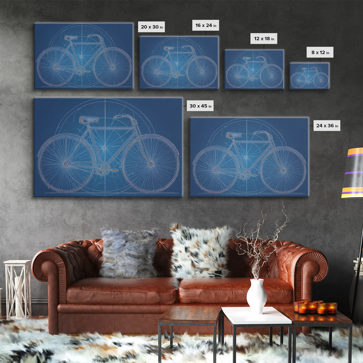 Blueprint Bicycle Wall Art, Technical Line Drawing, Midcentury Modern Bike Poster, Blue Geometric Office Decor Print Gift