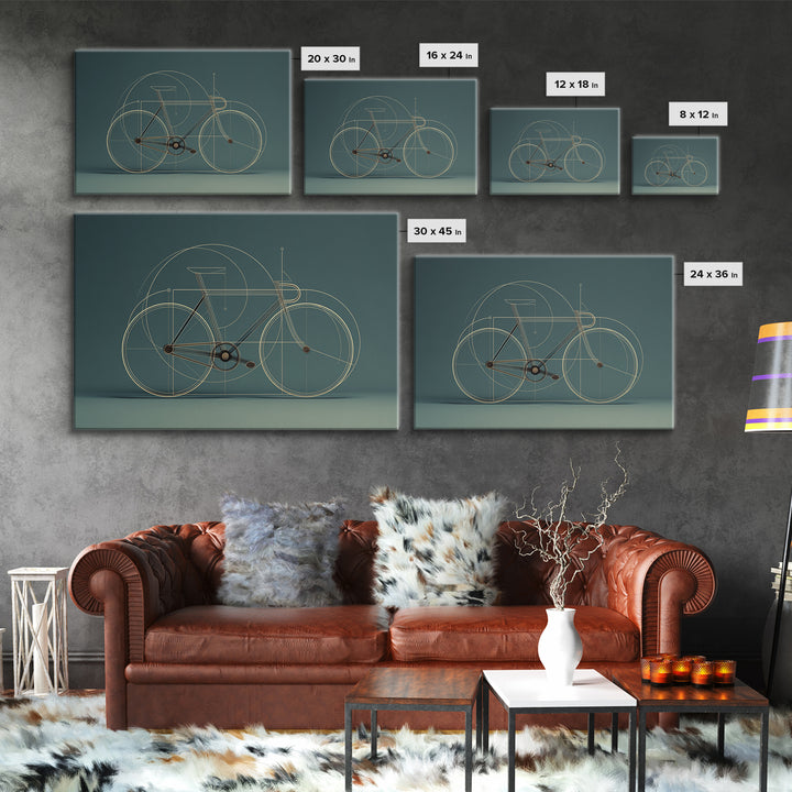 Minimal Line Bicycle Framed Canvas Print, Midcentury Modern Wall Art, Teal Geometric Bike Decor, Office Poster Print Gift
