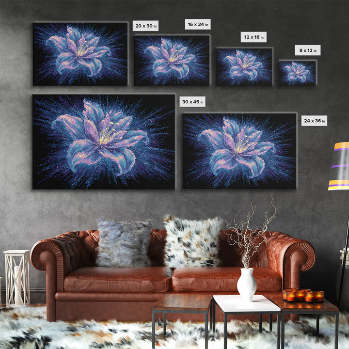 Electric Purple Lily Canvas Print, Glowing Botanical Flower, Cosmic Floral Wall Decor, Modern Abstract Art For Bedroom Decor