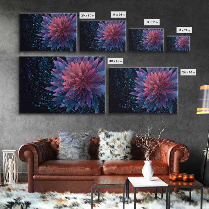Magenta Purple Dahlia Wall Art, Electric Floral Abstract, Blue Splatter Botanical Poster, Modern Home Decor Canvas Print