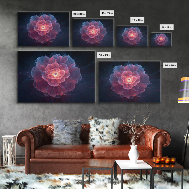 Glowing Pink Peony Canvas Print, Luminous Blue Floral Mandala, Modern Abstract Botanical Wall Art, Romantic Bedroom Decor