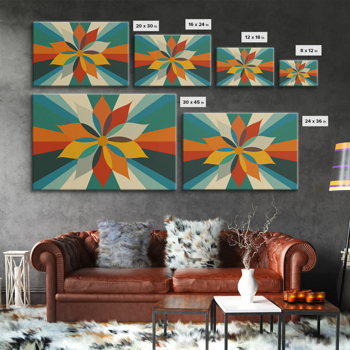 Geometric Orange Teal Flower Wall Art, Mid Century Modern Sunburst, Retro Atomic Floral Poster, Bold MCM Canvas Print Decor