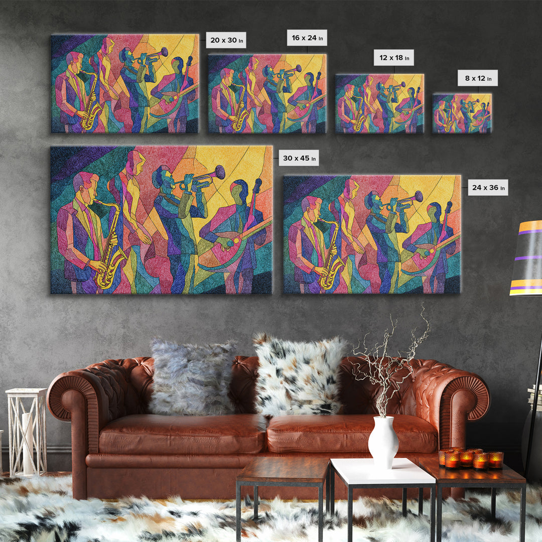 Colorful Cubist Jazz Band With Saxophone And Trumpet Wall Art, Midcentury Modern Art Print, Vibrant Music Room Decor, Poster