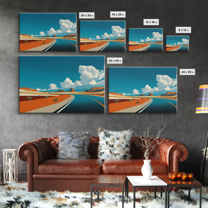 Retro Desert Highway Wall Art, Southwestern Road Landscape, Vintage Travel Poster Style, Mid Century Modern Canvas Print