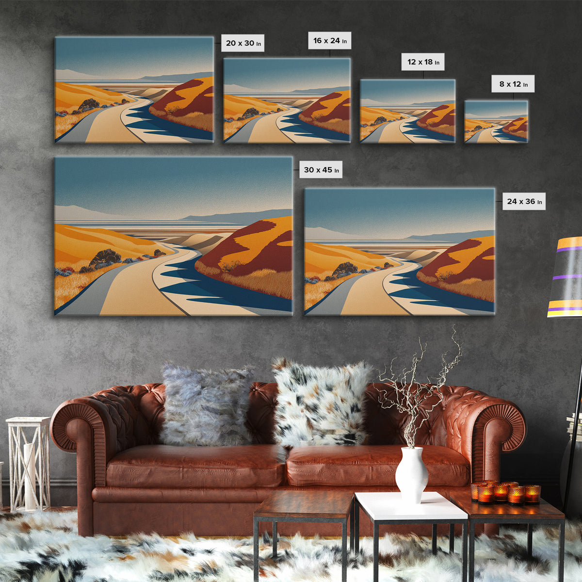 Golden Coastal Road And Orange Hills Wall Art, Midcentury Modern Desert Landscape, Retro Travel Poster, Scenic Home Decor