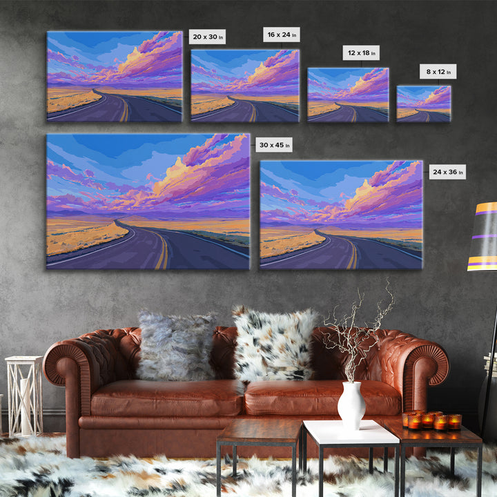 Purple Sunset Open Road Wall Art, Colorful Desert Landscape, Modern Art Print, Retro Poster, Living Room Home Office Decor