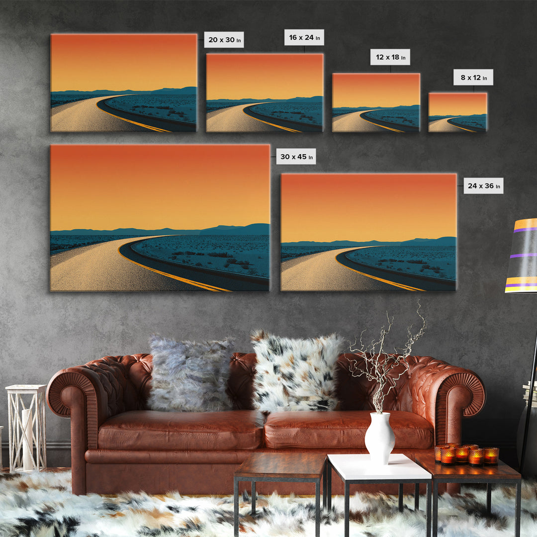 Minimal Desert Road At Orange Dusk Canvas Print, Midcentury Modern Wall Art, Retro Poster, Southwest Home Office Decor Gift