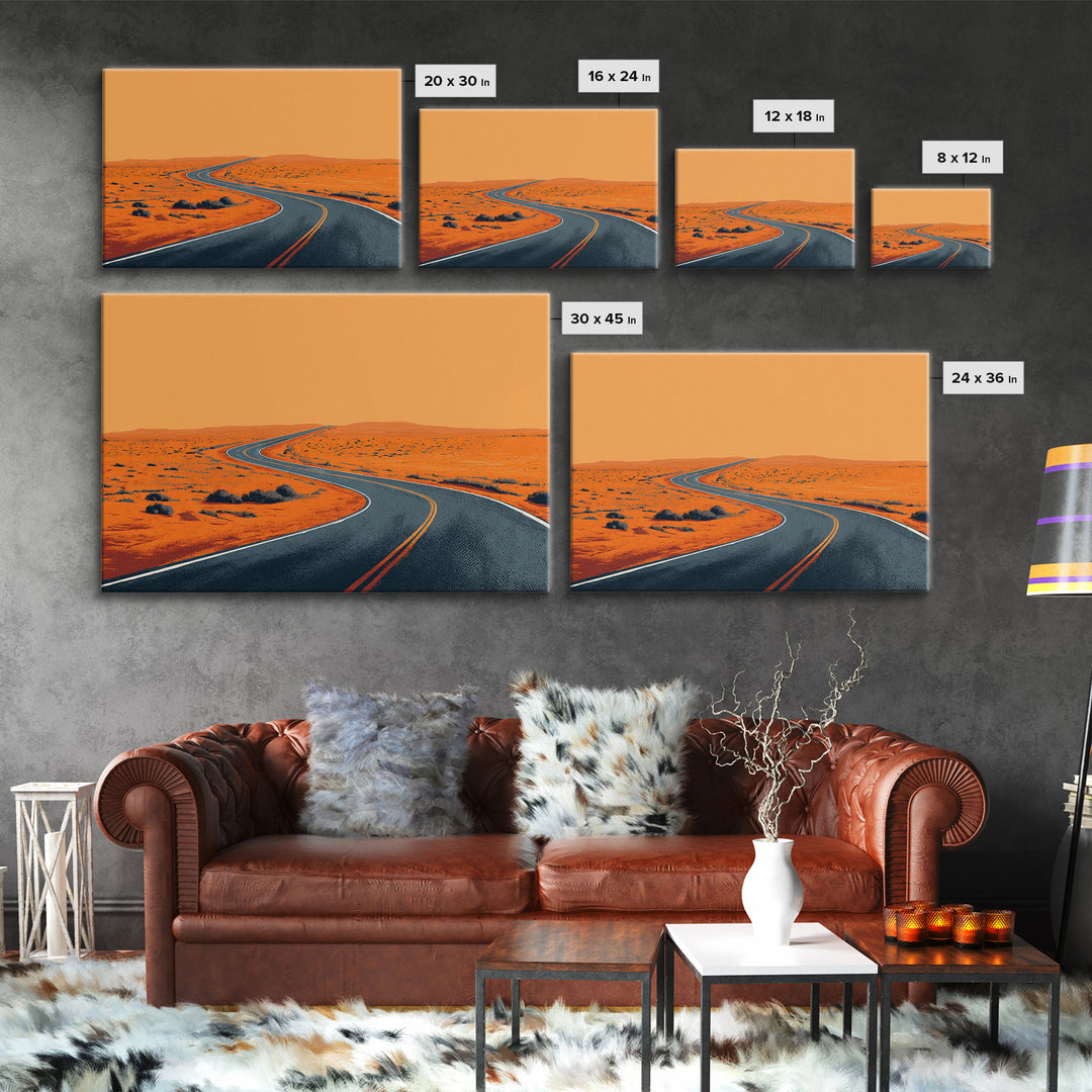 Orange Desert Highway Curve Wall Art, Minimalist Landscape, Midcentury Modern Art Print, Retro Road Poster, Mid Century Decor Gift