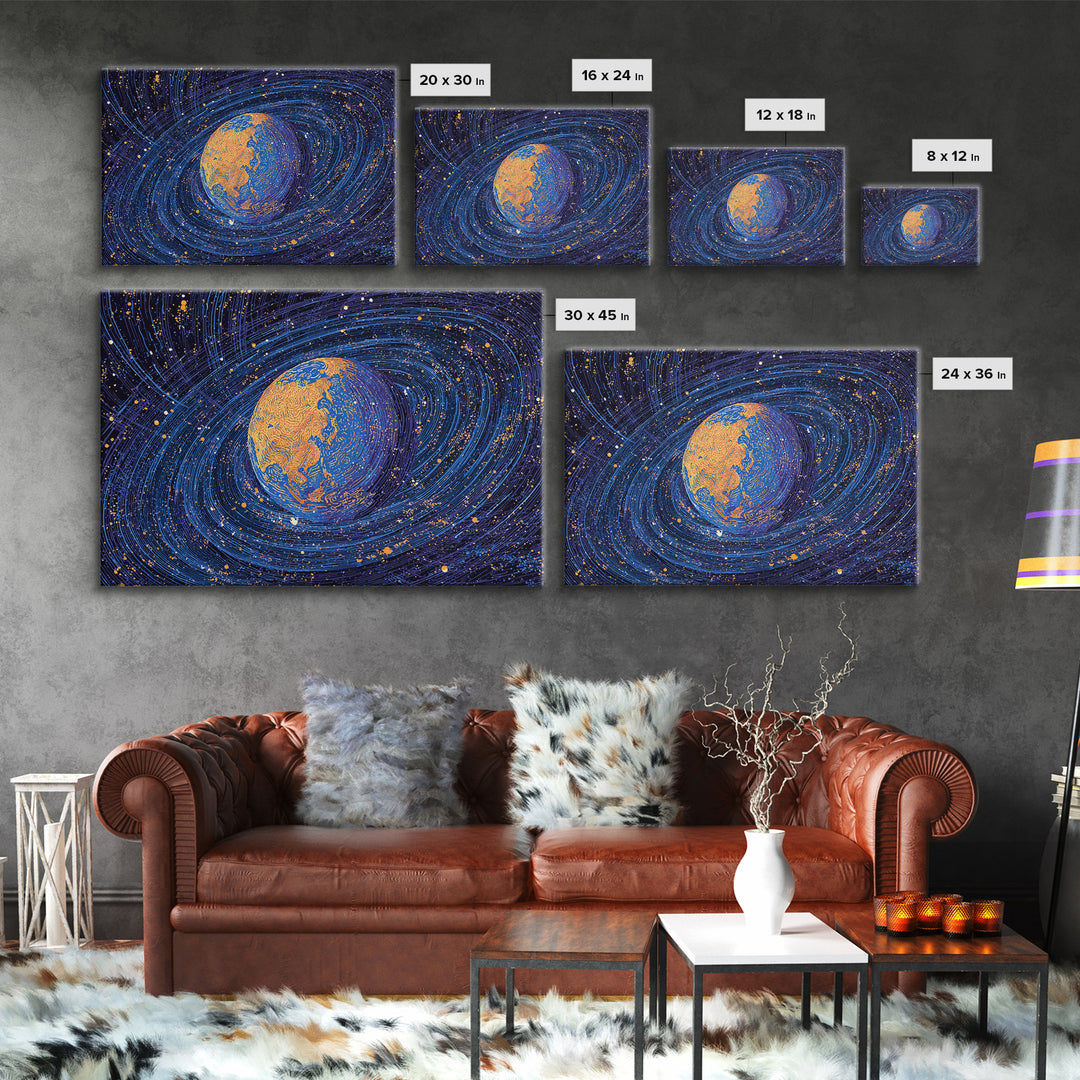 Swirling Blue Orange Planet Wall Art, Cosmic Abstract Space Poster, Modern Digital Art Print, Galaxy Decor, Science Gift