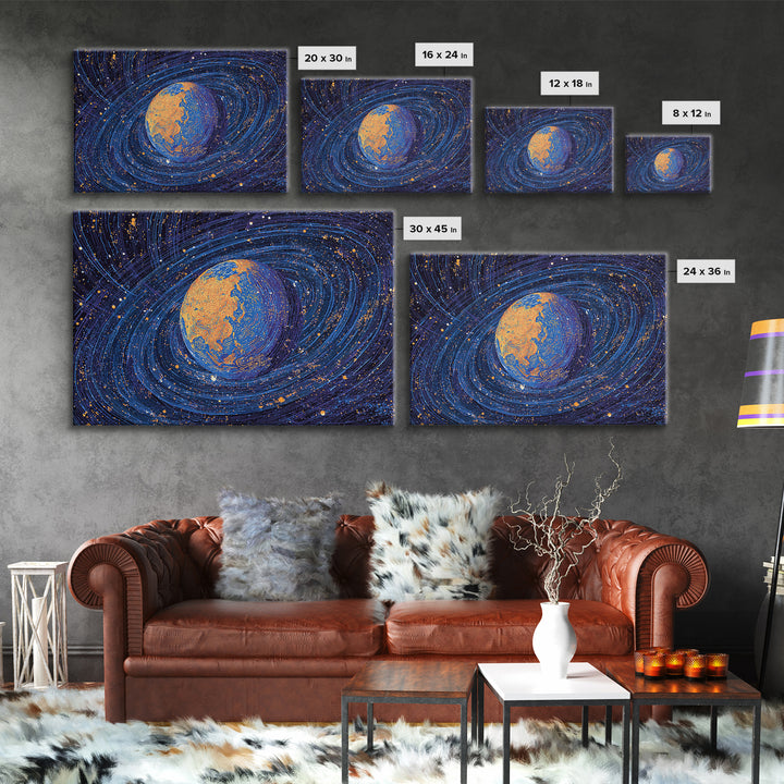 Swirling Blue Orange Planet Wall Art, Cosmic Abstract Space Poster, Modern Digital Art Print, Galaxy Decor, Science Gift