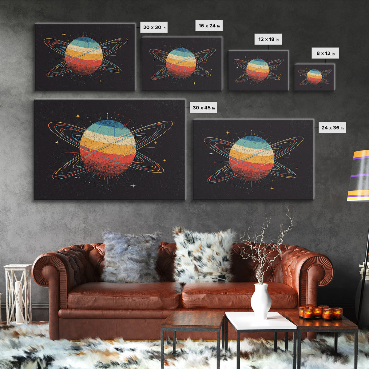 Retro Ringed Planet Canvas Print, Saturn Inspired Space Abstract Art, Midcentury Modern Wall Home Decor, Cosmic Poster Gift