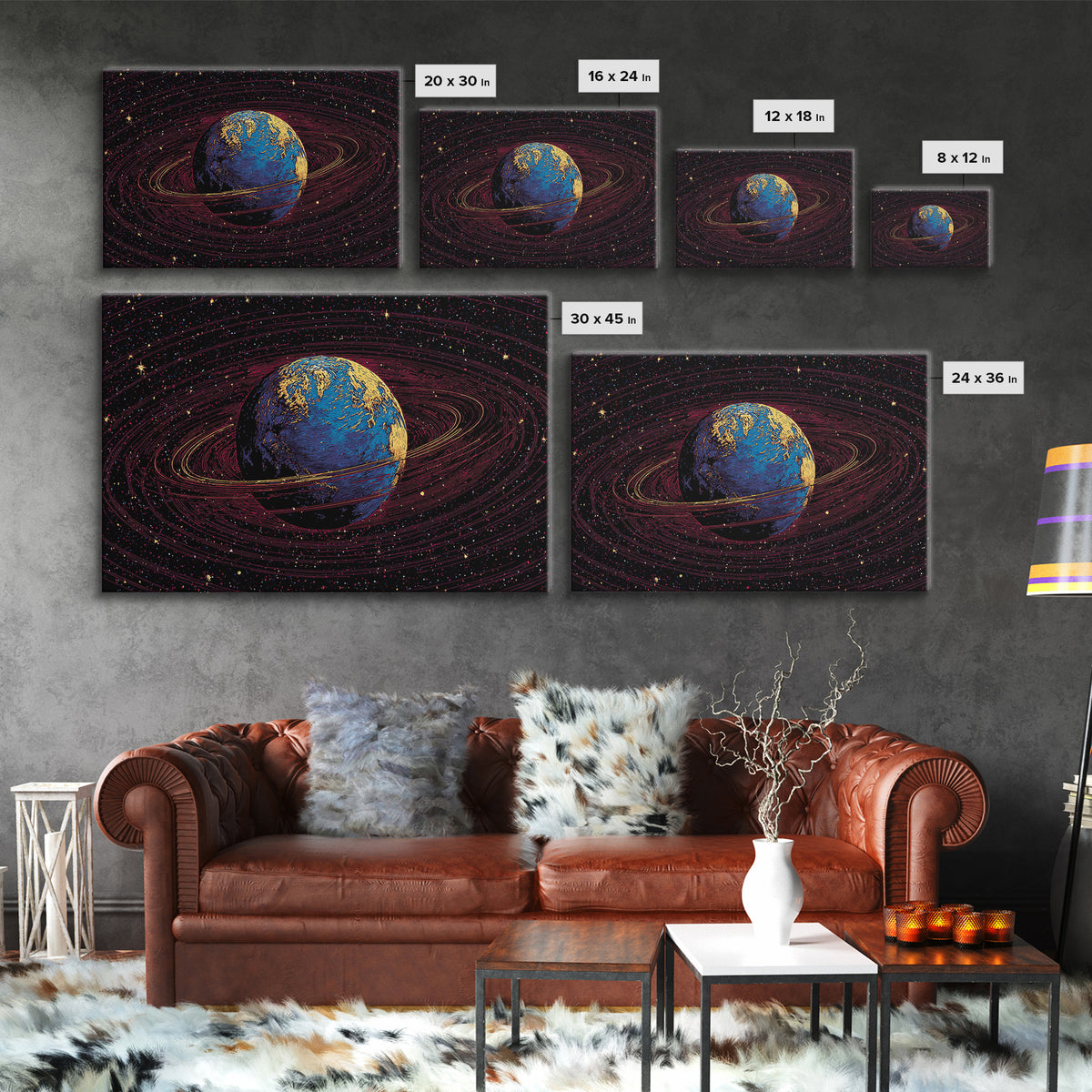 Blue Earth With Golden Rings Wall Art, Cosmic Abstract Space Poster, Modern Digital Art Print, Galaxy Home Office Decor Gift