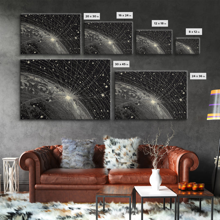 Black And White Earth Sunrise Wall Art, Celestial Space Illustration, Minimalist Art Print, Constellation Poster Decor Gift