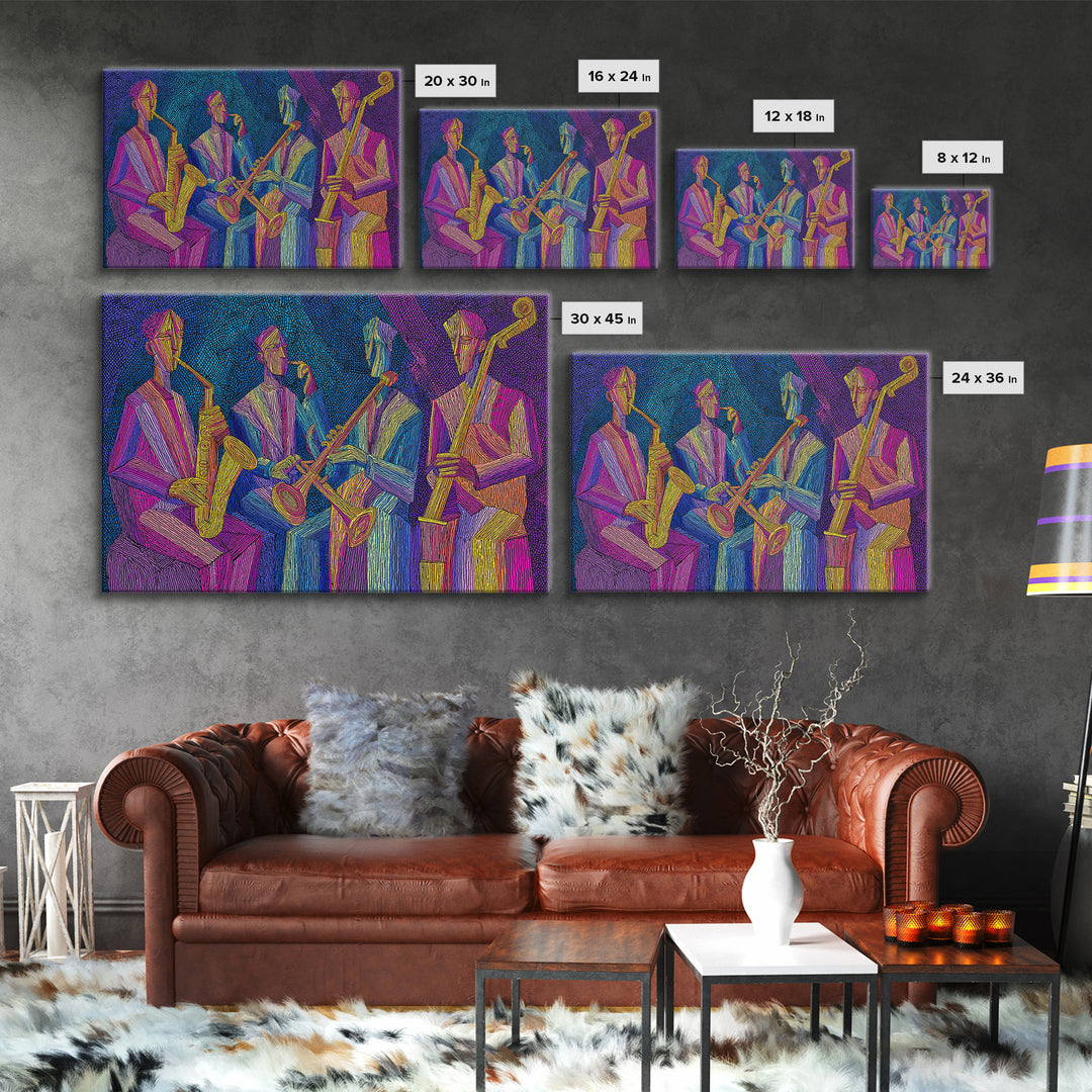Neon Jazz Quartet With Saxophones And Upright Bass Canvas Print, Midcentury Modern Art, Colorful Retro Music Room Decor, Poster