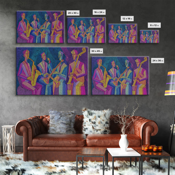 Neon Jazz Quartet With Saxophones And Upright Bass Canvas Print, Midcentury Modern Art, Colorful Retro Music Room Decor, Poster