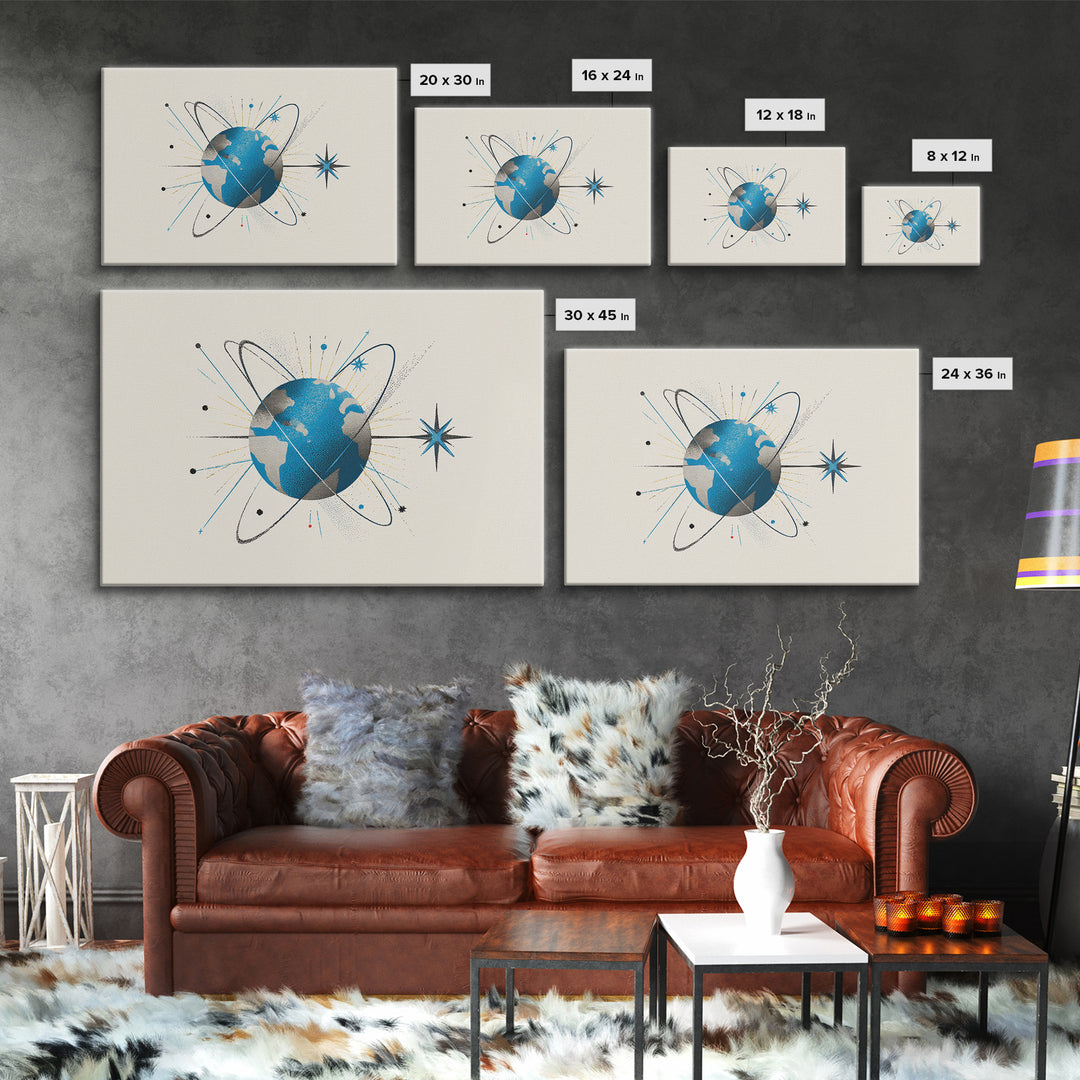 Atomic Blue Globe And Orbit Stars Wall Art, Midcentury Modern Space Poster, Retro Science Print, Cosmic Office Decor For MCM Home