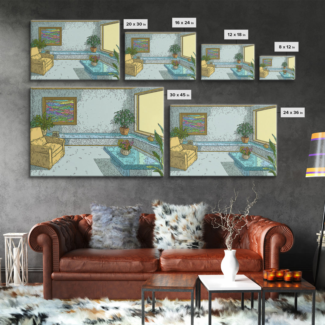 Pastel Aqua Living Room With Yellow Chair Canvas Print, Midcentury Modern Wall Decor, Retro Interior Poster For Home Office