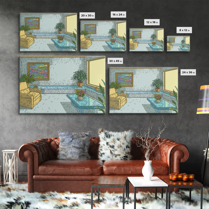 Pastel Aqua Living Room With Yellow Chair Canvas Print, Midcentury Modern Wall Decor, Retro Interior Poster For Home Office