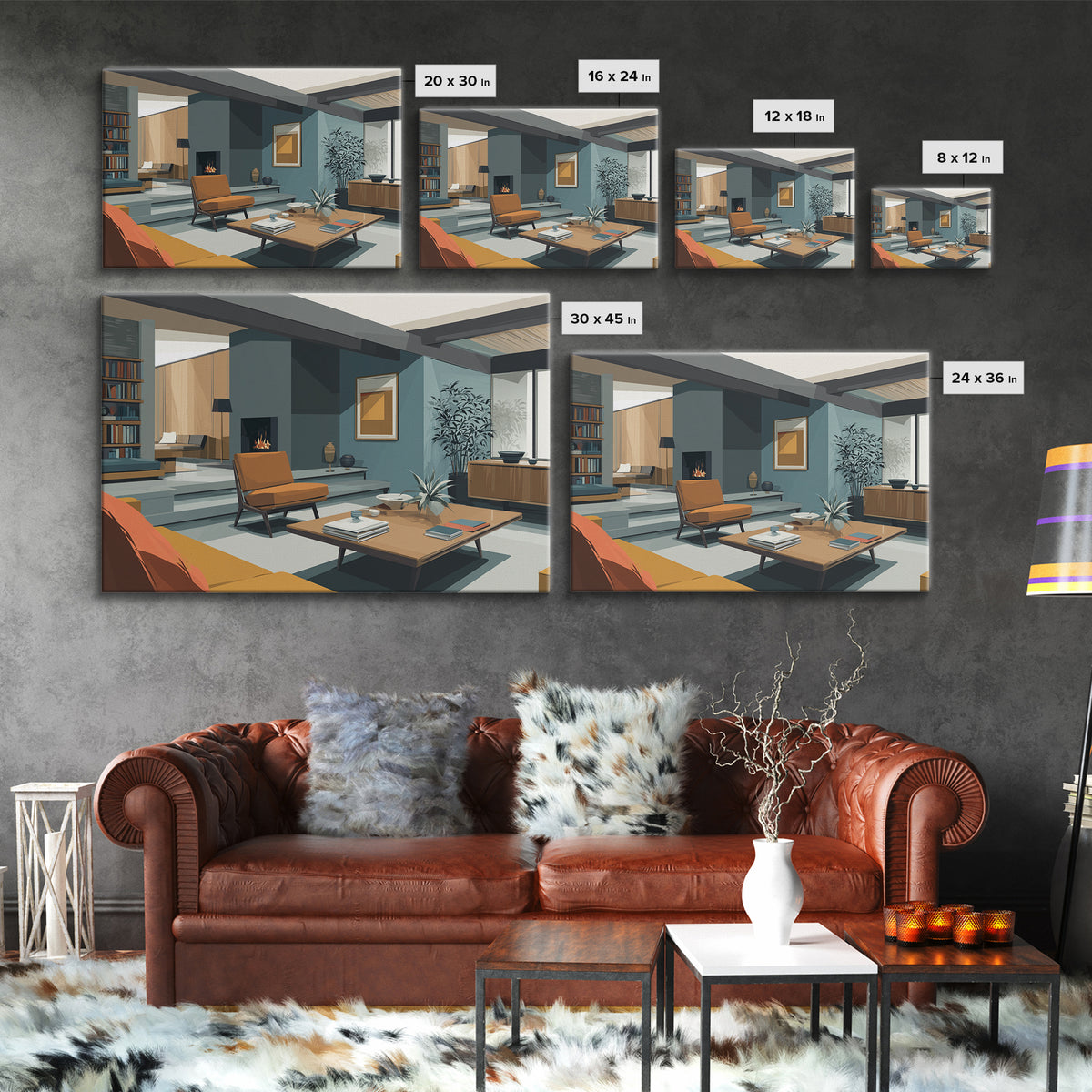 Teal Fireplace Living Room With Orange Sofa Framed Canvas Print, Midcentury Modern Wall Art, Retro MCM Home Decor, Office Poster