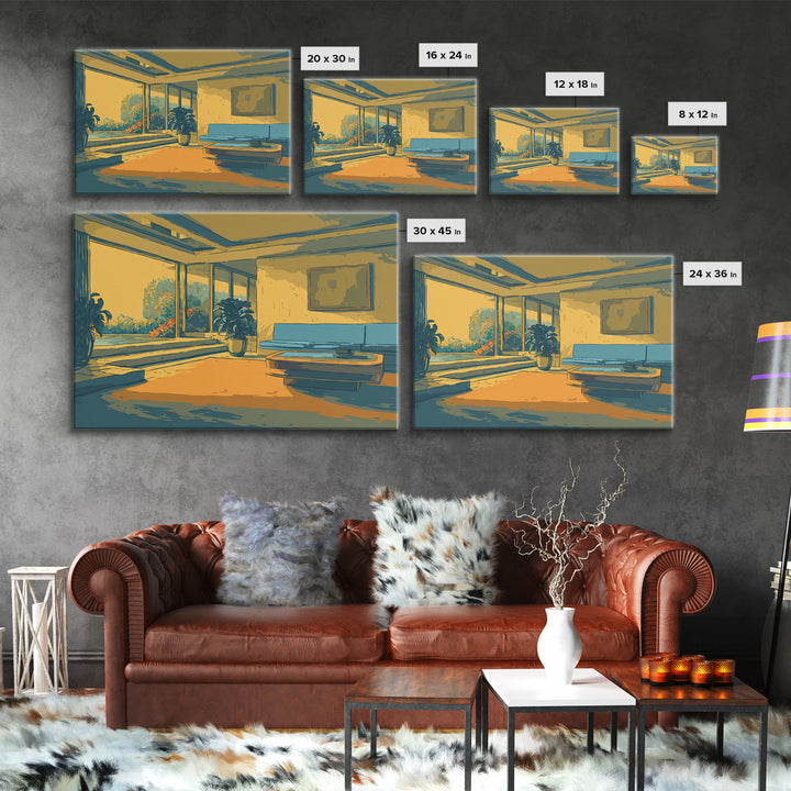 Sunlit Yellow And Teal Lounge With Plants Canvas Print, Midcentury Modern Wall Art, Retro Interior Decor For Living Room