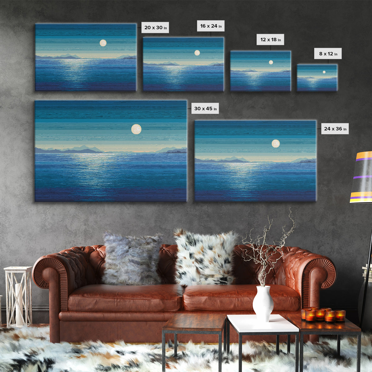 Blue Moon Over Ocean And Distant Mountains Wall Art, Coastal Landscape Print, Modern Home Decor, Serene Bedroom Poster Gift