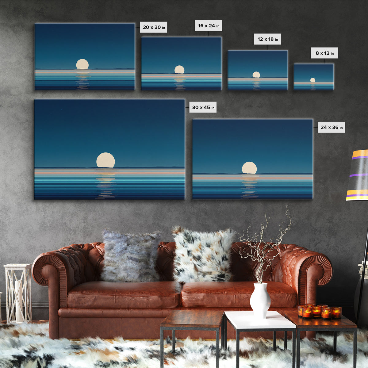 Minimal Full Moon Rising Over Calm Blue Sea Canvas Print, Modern Coastal Wall Art, Serene Ocean Poster For Bedroom Decor