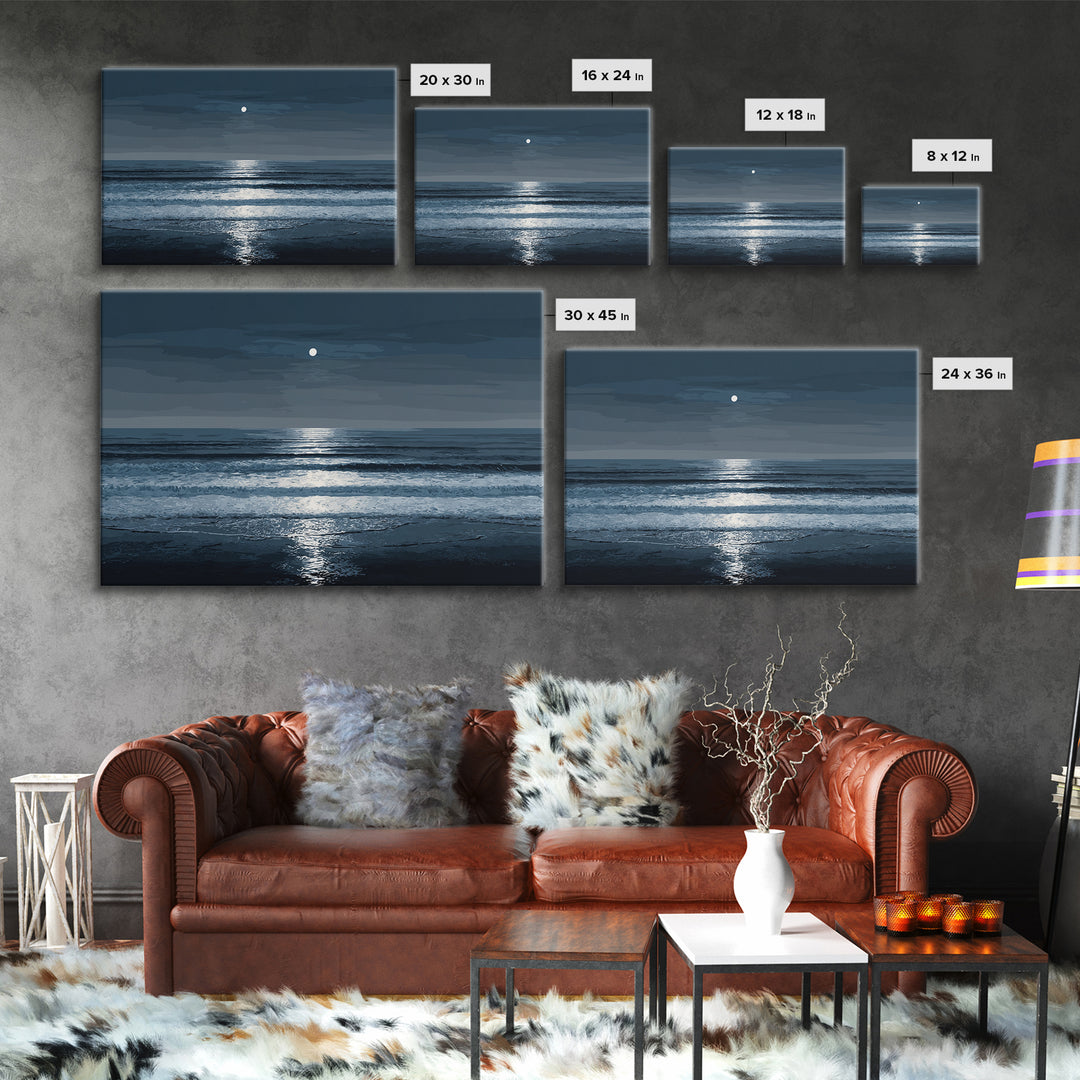 Moonlit Waves And Silver Reflection Framed Canvas Print, Blue Ocean Wall Art, Modern Coastal Bedroom Decor, Seascape Poster